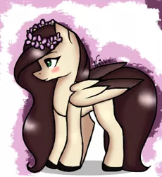 Size: 514x558 | Tagged: safe, artist:nyokoart, derpibooru import, oc, oc:akemi fly, unofficial characters only, pegasus, pony, blushing, colored hooves, colored wings, colored wingtips, cute, female, floral head wreath, flower, mare, solo