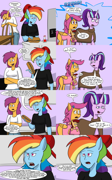 Size: 2560x4096 | Tagged: anthro, artist:7thdementia, baby, baby pony, chair, cloak, clothes, comic, comic:ask motherly scootaloo, derpibooru import, female, food, hairpin, holding a pony, male, mother and son, motherly scootaloo, oc, oc:lightning blitz, offspring, older, older scootaloo, parent:rain catcher, parents:catcherloo, parent:scootaloo, pegasus, rainbow dash, refrigerator, safe, sandwich, scootaloo, self ponidox, serious rainbow, serious scootaloo, speech bubble, starlight glimmer, sweatshirt, table, vulgar