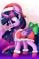 Size: 1400x2100 | Tagged: safe, artist:madacon, derpibooru import, twilight sparkle, twilight sparkle (alicorn), alicorn, pony, bow, candy, candy cane, christmas, clothes, costume, cute, female, hat, holiday, horn, mare, mlem, santa costume, santa hat, silly, smiling, socks, solo, starry eyes, tail bow, tongue out, twiabetes, wingding eyes, wings