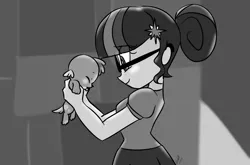 Size: 1214x800 | Tagged: safe, artist:emositecc, derpibooru import, sci-twi, spike, spike the regular dog, twilight sparkle, dog, equestria girls, :p, baby, baby puppy spike, baby spike, clothes, cute, duo, glasses, monochrome, puppy, silly, smiling, spikabetes, spike the dog, tongue out, younger