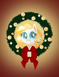 Size: 2550x3300 | Tagged: safe, artist:flutterluv, derpibooru import, pear butter, earth pony, pony, bust, christmas wreath, female, flower, mare, portrait, smiling, solo, wreath