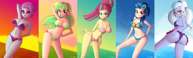 Size: 2112x633 | Tagged: questionable, artist:zelc-face, derpibooru import, edit, indigo zap, lemon zest, sour sweet, sugarcoat, sunny flare, equestria girls, adoraflare, adorasexy, alternative cutie mark placement, angry, armpits, ass, attached skirt, beach, bicolor swimsuit, big breasts, bikini, blue swimsuit, blushing, breasts, busty indigo zap, busty lemon zest, busty shadow five, busty sour sweet, busty sugarcoat, busty sunny flare, butt, cameltoe, cleavage, clothes, crotchmark, crystal prep shadowbolts, cute, cutie mark swimsuit, female, females only, frilled swimsuit, glasses, goggles, green swimsuit, looking at you, looking back, looking back at you, multi-strap swimsuit, ocean, one eye closed, pigtails, pink swimsuit, plaid swimsuit, ponytail, purple swimsuit, sexy, shadow five, side-tie bikini, skirt, skirt lift, smiling, string bikini, striped swimsuit, stupid sexy indigo zap, stupid sexy lemon zest, stupid sexy shadow five, stupid sexy sour sweet, stupid sexy sugarcoat, stupid sexy sunny flare, sugarcheeks, swimsuit, teasing, the ass was fat, tricolor swimsuit, twintails, unamused, underass, underboob, undressing, water, wedgie, wink, yellow swimsuit, zelc-face's swimsuits, zestabetes