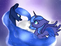 Size: 698x523 | Tagged: safe, artist:nyokoart, derpibooru import, princess luna, alicorn, pony, crying, duality, ethereal mane, fangs, s1 luna, starry mane