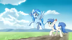 Size: 1920x1080 | Tagged: safe, artist:nekokevin, derpibooru import, oc, oc:blue flame, unofficial characters only, earth pony, pegasus, pony, chest fluff, cloud, female, field, flying, grass, mare, outdoors, sky, smiling, walking