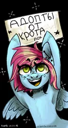 Size: 1596x3000 | Tagged: safe, artist:krotik, derpibooru import, oc, unofficial characters only, pegasus, pony, armpits, clothes, russian, sign, smiling, solo