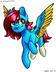 Size: 2578x3358 | Tagged: safe, artist:krotik, derpibooru import, oc, unofficial characters only, pegasus, pony, flying, smiling, solo