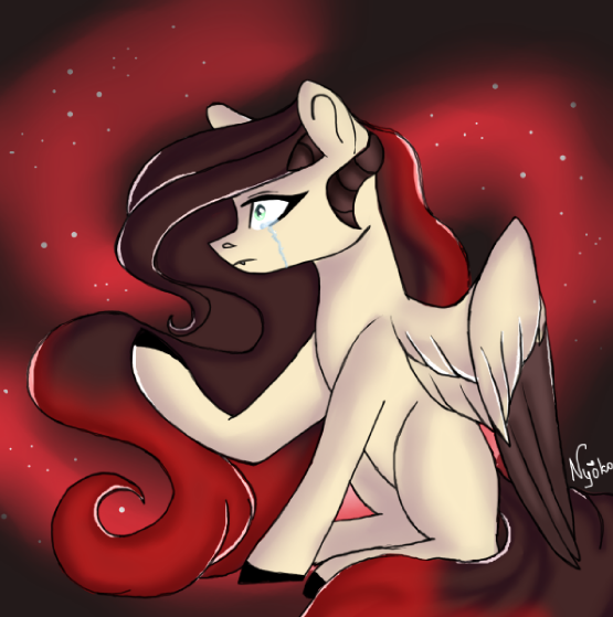 Size: 555x559 | Tagged: safe, artist:nyokoart, derpibooru import, oc, oc:akemi fly, unofficial characters only, pegasus, pony, abstract background, colored hooves, colored wings, colored wingtips, crying, female, mare, solo, spread wings, unshorn fetlocks, wings