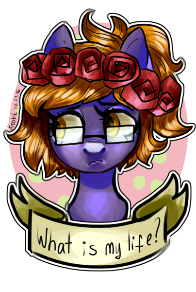 Size: 2068x3071 | Tagged: safe, artist:krotik, derpibooru import, oc, unofficial characters only, pony, bust, existentialism, floral head wreath, flower, frown, glasses, old banner, rose, simple background, transparent background