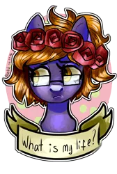 Size: 2068x3071 | Tagged: safe, artist:krotik, derpibooru import, oc, unofficial characters only, pony, bust, existentialism, floral head wreath, flower, frown, glasses, old banner, rose, simple background, transparent background