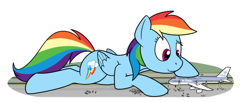 Size: 1726x738 | Tagged: safe, artist:rapidstrike, derpibooru import, rainbow dash, human, pegasus, pony, boeing 747, destruction, female, giant pony, giant rainbow dash, loss (meme), macro, mare, mega/giant rainbow dash, people, plane, police, prone, raised eyebrow, simple background, smiling, transparent background