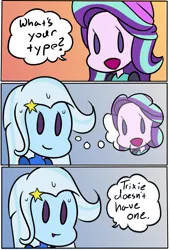 Size: 567x836 | Tagged: safe, artist:jeffmango, derpibooru import, starlight glimmer, trixie, equestria girls, blatant lies, bust, comic, dialogue, female, lesbian, meme, nervous, shipping, smiling, speech bubble, startrix, sweat, thought bubble, what's your type