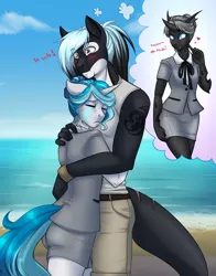 Size: 3000x3817 | Tagged: safe, artist:askbubblelee, derpibooru import, oc, oc:bubble lee, oc:imago, oc:mako, unofficial characters only, anthro, changeling, earth pony, hybrid, orca pony, original species, unicorn, anthro oc, beach, blushing, changeling oc, couple, cricketfish, female, hug, love triangle, makolee, male, mare, smiling, stallion, story in the source, tattoo, thought bubble, water