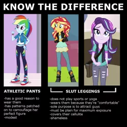 Size: 1000x1000 | Tagged: safe, derpibooru import, rainbow dash, starlight glimmer, sunset shimmer, equestria girls, background pony strikes again, clothes, comparison chart, image macro, know the difference, leggings, meme, modesty, wat