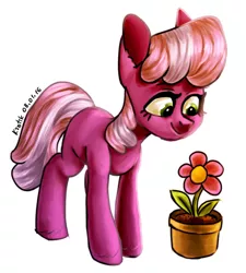 Size: 1942x2160 | Tagged: safe, artist:krotik, derpibooru import, cheerilee, earth pony, pony, flower, flower pot, smiling, solo