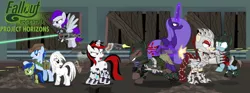 Size: 4064x1505 | Tagged: grimdark, artist:vector-brony, derpibooru import, oc, oc:blackjack, oc:boo, oc:dealer, oc:lacunae, oc:morning glory (project horizons), oc:p-21, oc:rampage, oc:scotch tape, unofficial characters only, alicorn, cyborg, pegasus, pony, fallout equestria, fallout equestria: project horizons, fanfic, armor, artificial alicorn, barbed wire, battle saddle, blood, clothes, cowboy hat, cutie mark, cyber legs, death, energy weapon, eyes closed, fanfic art, female, flying, glowing horn, grin, gun, harbinger, hat, hooves, horn, laser, laser rifle, levitation, magic, magical energy weapon, male, mare, minigun, open mouth, purple alicorn (fo:e), raised hoof, rifle, shooting, smiling, spikes, spread wings, stallion, teeth, telekinesis, weapon, wings