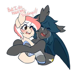 Size: 1500x1500 | Tagged: safe, artist:mimisaurusrex, derpibooru import, oc, oc:blush, oc:speck, unofficial characters only, bat pony, earth pony, pony, amputee, blushing, commission, crying, eyes closed, female, hug, mare, one eye closed, open mouth, prosthetic limb, prosthetics, simple background, transparent background, upset