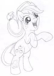 Size: 1355x1891 | Tagged: safe, artist:aafh, derpibooru import, applejack, earth pony, pony, monochrome, rearing, solo, traditional art