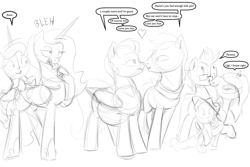 Size: 1280x853 | Tagged: artist:shieltar, derpibooru import, dialogue, female, male, monochrome, oc, oc:big mark, oc:grace harmony, oc x oc, offspring, pregnant, princess celestia, princess luna, safe, shipping, sketch, straight, this will end in even more pregnancies