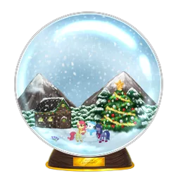 Size: 4000x4000 | Tagged: safe, artist:kaikururu, derpibooru import, oc, oc:artline, oc:cosmia nebula, unofficial characters only, cabin, christmas, christmas tree, crystal ball, holiday, mountain, simple background, snow, snow globe, snowpony, transparent background, tree