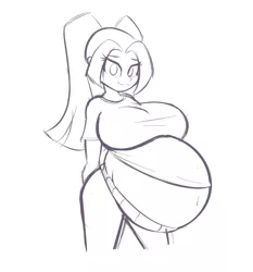 Size: 2479x2659 | Tagged: suggestive, artist:funble, derpibooru import, aria blaze, equestria girls, belly, belly button, big belly, big breasts, breasts, busty aria blaze, female, hyper, hyper pregnancy, impossibly large belly, monochrome, pregnant, sketch, solo, solo female