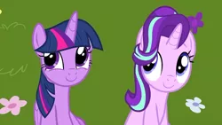 Size: 1280x720 | Tagged: safe, derpibooru import, screencap, starlight glimmer, twilight sparkle, twilight sparkle (alicorn), alicorn, pony, unicorn, fame and misfortune, cute, daaaaaaaaaaaw, female, glimmerbetes, mare, sitting, smiling, twiabetes, weapons-grade cute