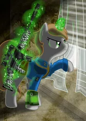 Size: 1024x1448 | Tagged: safe, artist:celestialess, derpibooru import, oc, oc:littlepip, unofficial characters only, pony, unicorn, fallout equestria, fanfic, assault rifle, clothes, fanfic art, female, glowing horn, gun, horn, magic, malcolm x, mare, pipbuck, rifle, telekinesis, vault suit, weapon, window, zebra rifle