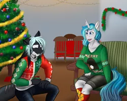 Size: 1600x1265 | Tagged: safe, artist:blackblood-queen, derpibooru import, oc, oc:bubble lee, oc:mako, unofficial characters only, anthro, earth pony, hybrid, orca pony, original species, unicorn, anthro oc, christmas, christmas tree, clothes, couple, female, freckles, holiday, makolee, male, mare, oc x oc, shipping, stallion, stockings, story in the source, straight, thigh highs, tree