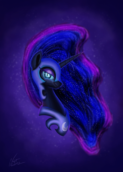 Size: 1500x2100 | Tagged: safe, artist:nightpaint12, derpibooru import, nightmare moon, alicorn, pony, bust, portrait, smiling, solo