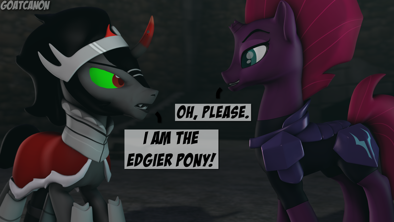 Size: 3840x2160 | Tagged: safe, artist:goatcanon, derpibooru import, king sombra, tempest shadow, unicorn, my little pony: the movie, 3d, armor, broken horn, castle of the royal pony sisters, dialogue, duo, edgy, rivalry, sombra vs tempest, sombrest, source filmmaker