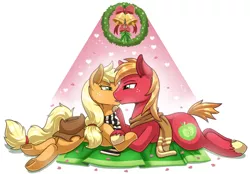 Size: 1500x1041 | Tagged: safe, artist:vavacung, derpibooru import, applejack, big macintosh, earth pony, pony, applecest, applemac, christmas wreath, clothes, female, incest, kissing, male, prone, scarf, shipping, siblings, straight, wreath