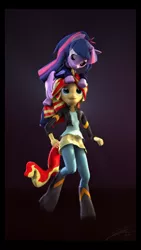 Size: 5400x9600 | Tagged: safe, artist:imafutureguitarhero, derpibooru import, sci-twi, sunset shimmer, twilight sparkle, twilight sparkle (alicorn), ponified, alicorn, anthro, pony, unguligrade anthro, unicorn, equestria girls, 3d, absurd file size, absurd resolution, adidas, alternate hairstyle, anthro with ponies, black bars, boots, border, chromatic aberration, clothes, cute, dress, equestria girls ponified, female, film grain, floppy ears, hoodie, horn, jacket, leather jacket, lesbian, open mouth, pants, ponytail, scitwilicorn, scitwishimmer, shipping, shoes, signature, sitting on head, skirt, source filmmaker, sunsetsparkle, tongue out, tracksuit, twiabetes, vertical, wings