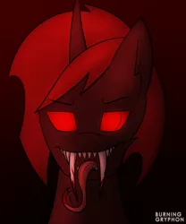 Size: 2500x3000 | Tagged: semi-grimdark, artist:burninggryphon, derpibooru import, oc, oc:flashlight, unofficial characters only, changeling, blood, changeling oc, drool, fangs, forked tongue, glowing eyes, looking at you, red changeling, red eyes, sharp teeth, solo, teeth, tongue out