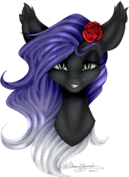 Size: 547x750 | Tagged: safe, artist:ohflaming-rainbow, derpibooru import, oc, oc:lucia, unofficial characters only, pony, bust, female, flower, flower in hair, mare, portrait, rose, simple background, solo, transparent background