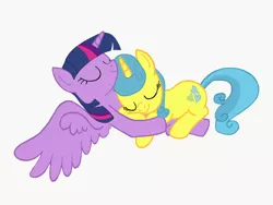 Size: 1024x768 | Tagged: safe, artist:turnaboutart, derpibooru import, lemon hearts, twilight sparkle, twilight sparkle (alicorn), alicorn, unicorn, fanfic:twilight sparkle and lemon hearts love life, base used, cuddling, eyes closed, female, lemonlight, lesbian, shipping, simple background