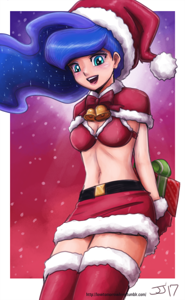 Size: 2000x3236 | Tagged: suggestive, artist:johnjoseco, artist:king-kakapo, derpibooru import, princess luna, human, adorasexy, arm behind back, bell, belly button, blue hair, blushing, breasts, christmas, cleavage, clothes, collaboration, colored, costume, cute, eyelashes, female, gloves, hat, holiday, humanized, long hair, looking at you, lunabetes, miniskirt, open mouth, present, ribbon, santa costume, santa hat, sexy, sexy santa costume, skirt, smiling, solo, solo female, stars, stockings, thigh highs, zettai ryouiki