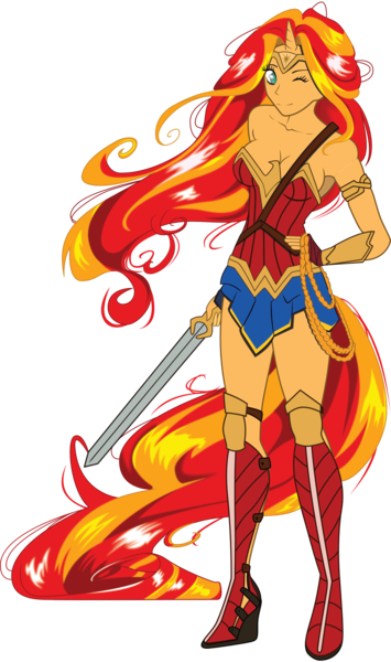 Size: 1974x3341 | Tagged: safe, artist:divinekitten, artist:sonofaskywalker, derpibooru import, sunset shimmer, equestria girls, armor, armor skirt, armpits, beautiful, boots, breasts, cleavage, clothes, cosplay, costume, dc comics, female, high heel boots, high heels, horn, lasso, lasso of truth, one eye closed, rope, shoes, simple background, skirt, solo, sword, tailed humanization, thighs, transparent background, unconvincing armor, weapon, wink, wonder woman