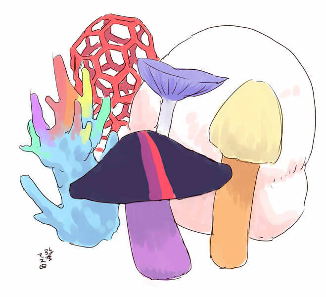 Size: 1000x910 | Tagged: applejack, artist:yanamosuda, derpibooru import, fluttershy, fungus, latticed stinkhorn, mane six, mushroom, my little x, pinkie pie, puffball mushroom, rainbow dash, rarity, safe, simple background, species swap, twilight sparkle, wat, white background