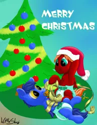 Size: 2000x2589 | Tagged: safe, artist:wittleskaj, derpibooru import, oc, oc:score chaser, oc:skaj, unofficial characters only, pegasus, pony, baby, baby pony, brothers, christmas, christmas card, christmas tree, colt, diaper, foal, gift wrap, hat, holiday, male, pacifier, ribbon, santa hat, tree