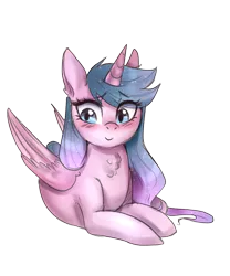 Size: 1953x2344 | Tagged: safe, artist:mrscurlystyles, derpibooru import, oc, oc:artshine, unofficial characters only, alicorn, pony, 2018 community collab, derpibooru community collaboration, alicorn oc, blushing, c:, chest fluff, cute, female, looking away, mare, ocbetes, prone, simple background, smiling, solo, transparent background
