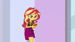 Size: 1280x720 | Tagged: safe, derpibooru import, screencap, sunset shimmer, a fine line, equestria girls, equestria girls series, against wall, clothes, female, mall, mobile phone, phone, smartphone, solo, waiting