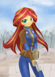 Size: 1075x1512 | Tagged: safe, artist:howxu, derpibooru import, sunset shimmer, equestria girls, 10mm pistol, belt, clothes, crossover, fallout, gun, handgun, jumpsuit, long hair, looking at you, pistol, rock, solo, tree, vault suit, weapon