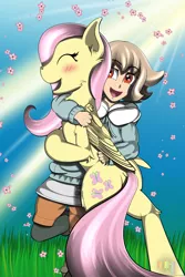 Size: 3000x4500 | Tagged: safe, artist:pedalspony, artist:raptorpwn3, deleted from derpibooru, derpibooru import, fluttershy, pegasus, pony, atra, atra mixta, blushing, clothes, crossover, cute, female, grass, gundam, happy, hug, mare, mobile suit gundam iron-blooded orphans, outdoors, shyabetes, skirt