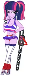 Size: 1090x2775 | Tagged: suggestive, artist:cbear624, derpibooru import, twilight sparkle, equestria girls, breasts, busty twilight sparkle, chainsaw, cleavage, clothes, crossover, female, high heels, juliet starling, leg warmers, lollipop chainsaw, miniskirt, panties, pigtails, shoes, simple background, skirt, socks, solo, solo female, stockings, tanktop, tara strong, thigh highs, underwear, voice actor joke