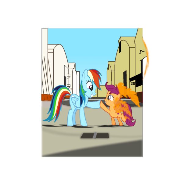 Size: 1200x1200 | Tagged: safe, artist:grapefruitface1, derpibooru import, rainbow dash, scootaloo, ponified, pegasus, pony, album cover, complex background, female, filly, fire, hipgnosis, hoofbump, mare, parody, pink floyd, ponified album cover, wish you were here