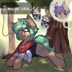 Size: 2000x2000 | Tagged: safe, artist:mimisaurusrex, derpibooru import, oc, oc:milk tea, oc:oolong, unofficial characters only, bat pony, unicorn, blushing, chibi, clothes, coffee, forest, glowing horn, grass, looking up, lying down, magic, male, scarf, shirt, smiling, stallion, sweater vest, tongue out, tree, undershirt