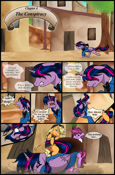 Size: 1280x1947 | Tagged: safe, artist:stuflox, derpibooru import, applejack, berry punch, berryshine, twilight sparkle, twilight sparkle (alicorn), alicorn, pony, comic:the count of monte rainbow, the count of monte rainbow, caderousse, clothes, comic, danglajacks, danglars, mondego, monsparkle, running, the count of monte cristo