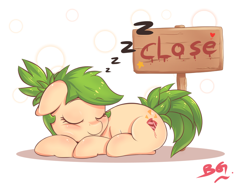 Size: 2048x1600 | Tagged: safe, artist:tikrs007, derpibooru import, oc, oc:green cracker, unofficial characters only, earth pony, pony, cute, eyes closed, female, floppy ears, heart, mare, prone, sign, sleeping, smiling, smirk, solo, stars, zzz