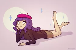 Size: 1576x1050 | Tagged: alternate hairstyle, artist:keetydraws, barefoot, beatnik rarity, beret, clothes, cute, derpibooru import, feet, female, hat, human, humanized, raribetes, rarity, safe, solo, sweater