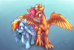 Size: 4096x2765 | Tagged: suggestive, artist:foldeath, derpibooru import, rainbow dash, scootaloo, dracony, feathered dragon, hybrid, claws, dragons eating horses, drool, horns, hungry, kitchen eyes, nervous, scales, scared, scootadragon, sharp teeth, species swap, teeth, this will end in vore, tongue out