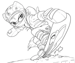 Size: 811x689 | Tagged: safe, artist:tsitra360, derpibooru import, scootaloo, pegasus, pony, bipedal, black and white, boots, clothes, cutie mark, gloves, goggles, grayscale, hoodie, jacket, lineart, monochrome, shoes, simple background, snow, snowboard, socks, solo, sports, stunt, white background, wings